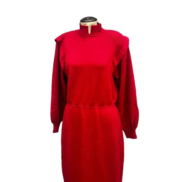 Vintage St. John Marie Red Knit Midi Dress Women's 10 80s Big Shoulders - Picture 3 of 10